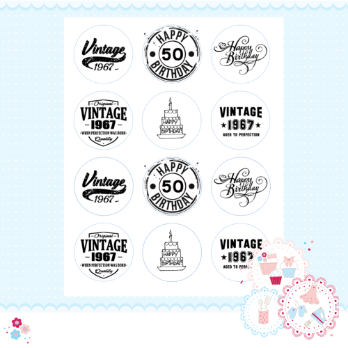 Edible Cupcake Toppers x 12 - 50th Birthday Cupcake Toppers, black and whit