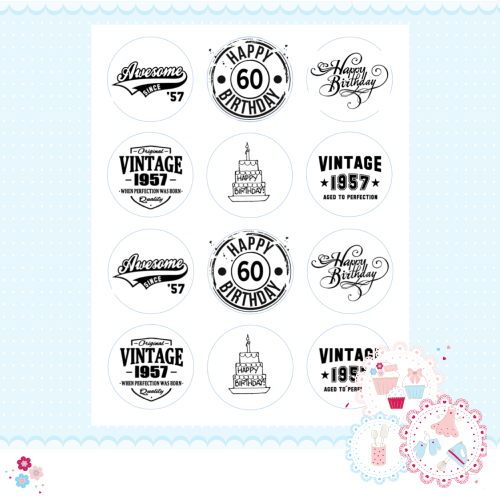Edible Cupcake Toppers x 12 - 60th Birthday Cupcake Toppers, black and whit