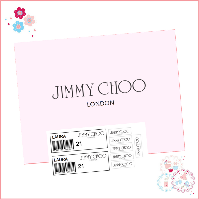 Edible Icing Sheet - Jimmy Choo Pink Shoe Box Lid and Labels set