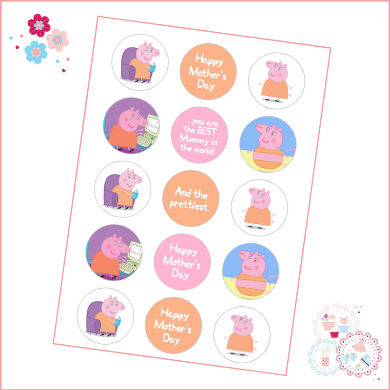 Mother's Day Mummy Pig Themed Cupcake Toppers