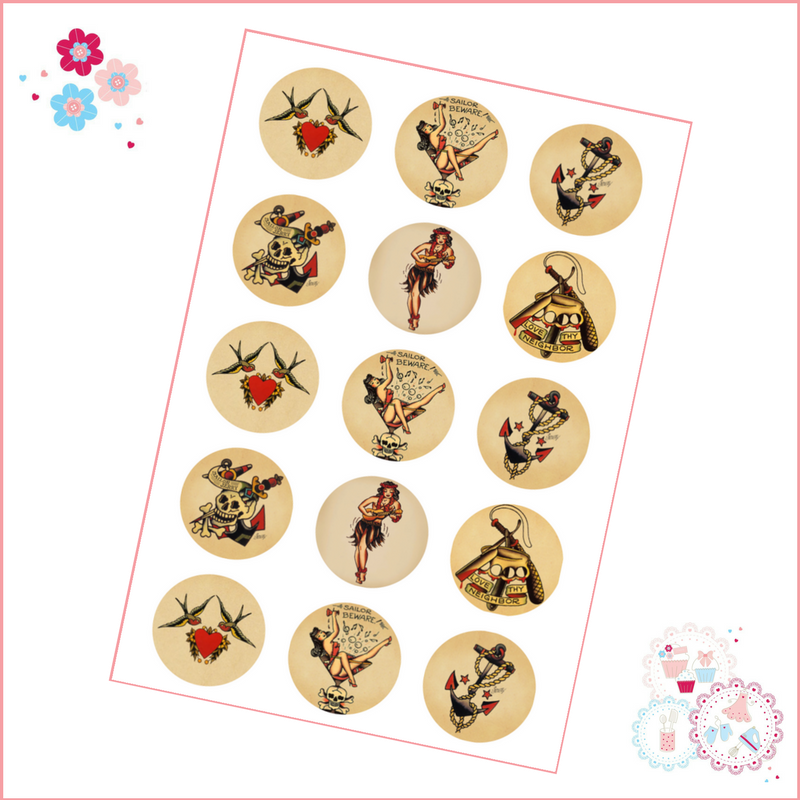 Edible Cupcake Toppers x 15 - 'Sailor Jerry' Tattoo Theme