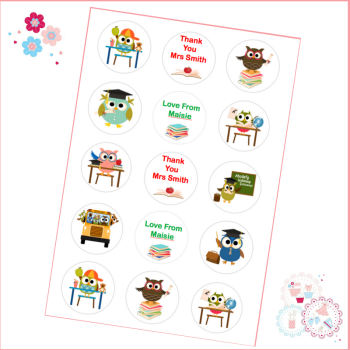 Edible Cupcake Toppers x 15 - 'Thank You Teacher' Cute Owls Theme