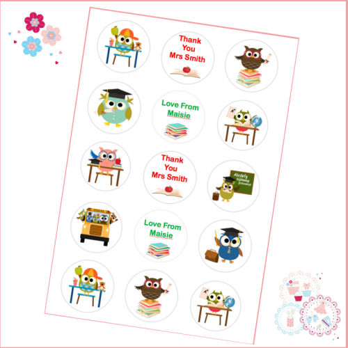 Edible Cupcake Toppers x 12 - 'Thank You Teacher' Cute Owls Theme
