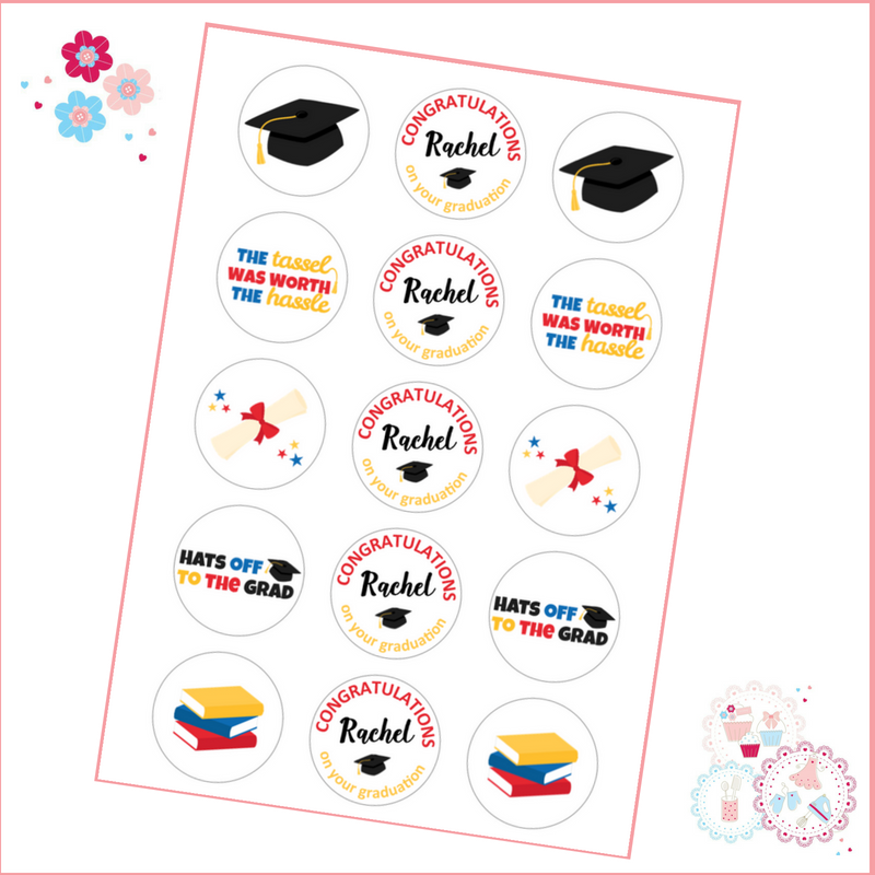 Edible Cupcake Toppers x 15 - Graduation themed toppers, red yellow and blu