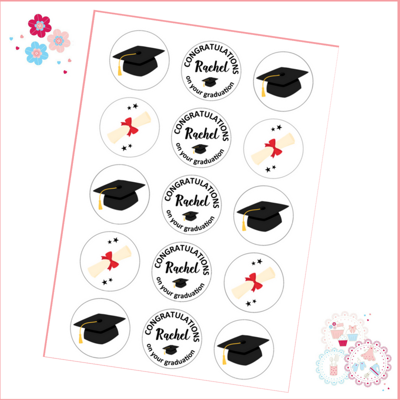 Edible Cupcake Toppers x 15 - Graduation themed toppers, black and red