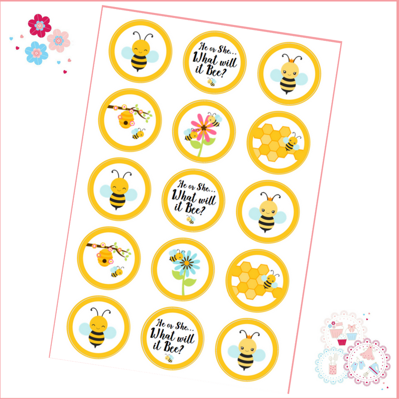 Edible Cupcake Toppers x 15 - Gender Reveal - What will it Bee?