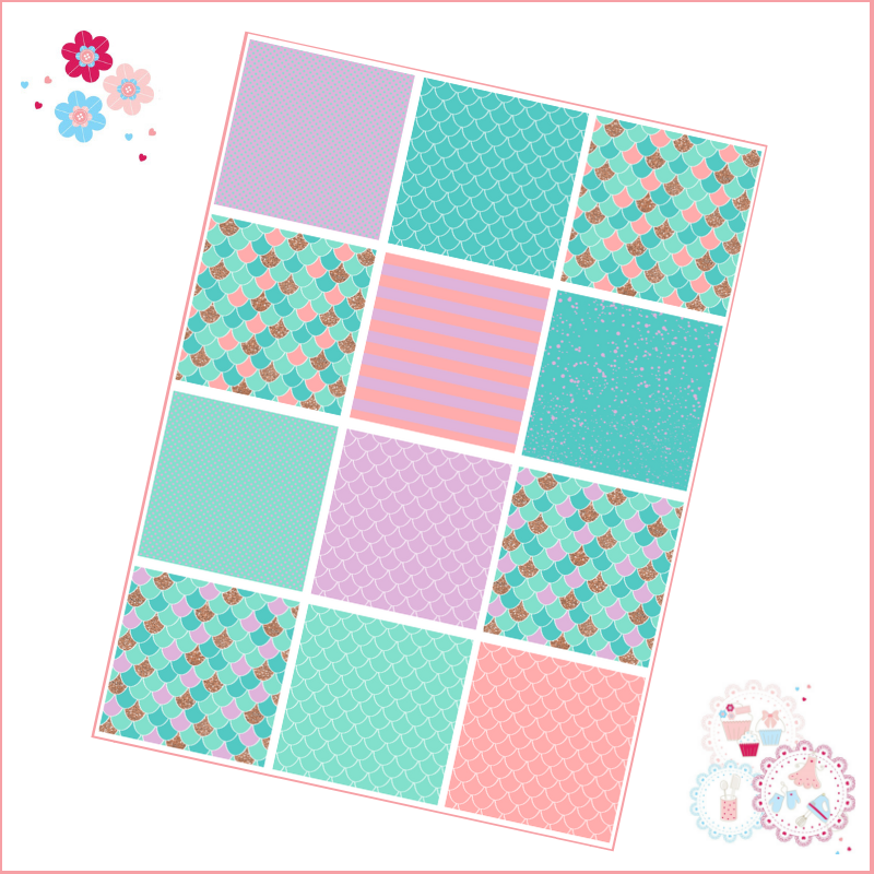 Patchwork Mermaid scales patterns A4 Edible Printed Sheet - Turquoise, Lila
