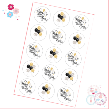 Edible Cupcake Toppers x 15 - New Year's Eve Black, Gold and Silver