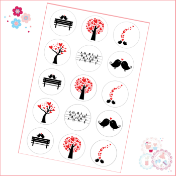Valentines Cupcake Toppers - Love Birds Black & Red Silhouette