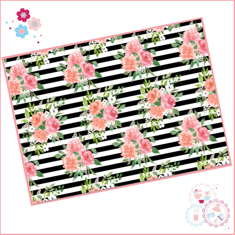 Black & White striped watercolour floral A4 Edible Printed Sheet