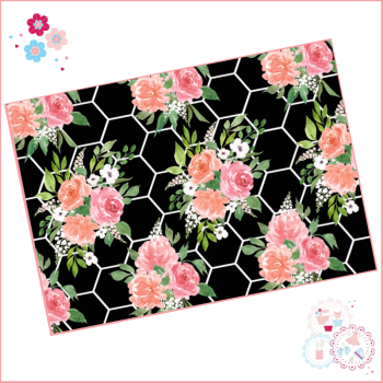 Black & White Hexagon Background Watercolour Floral A4 Edible Printed Sheet