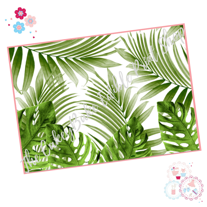 Tropical Leaves A4 Edible Printed Sheet - Large green palm leaves border ic