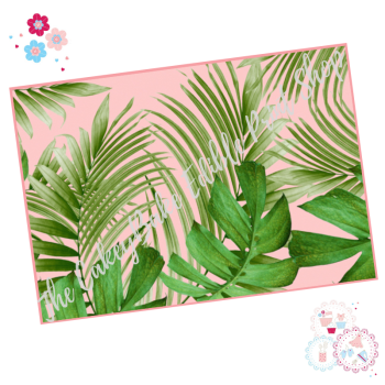 Tropical Leaves A4 Edible Printed Sheet - Large green palm leaves border with pink background icing sheet 
