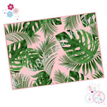 Tropical Leaves A4 Edible Printed Sheet - Mixed Monstera banana leaves with pink background