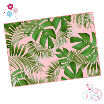 Tropical Leaves A4 Edible Printed Sheet - Mixed palm leaves with pink background