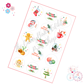 Edible Cupcake Toppers x 15 - Christmas Watercolour Cupcake Toppers