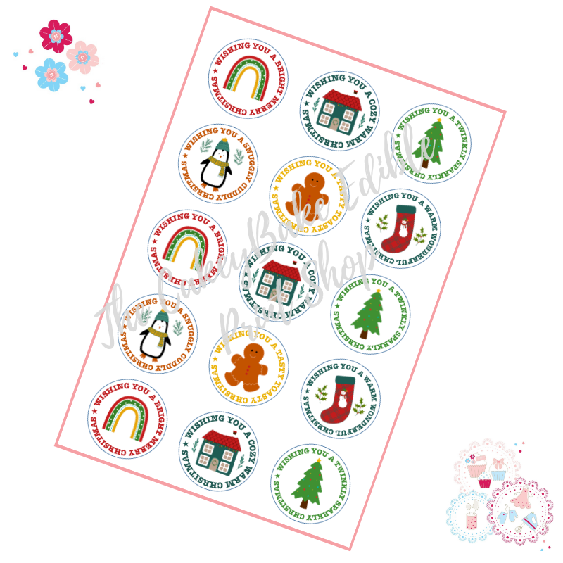 Edible Cupcake Toppers x 15 - Retro style Christmas Cupcake Toppers