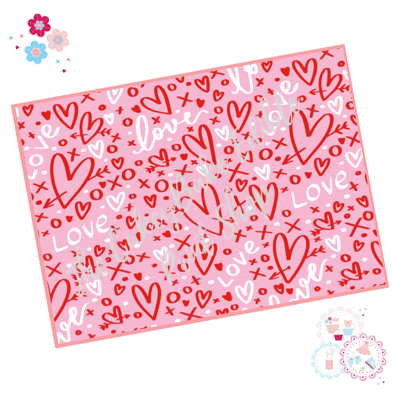 Pink, White and Red Graffiti Love Heart Cake Wrap Edible Printed Sheet - De