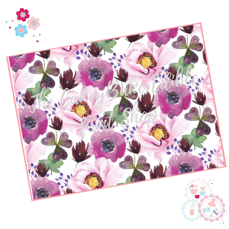Purple Watercolour flowers Floral A4 Edible Printed Sheet