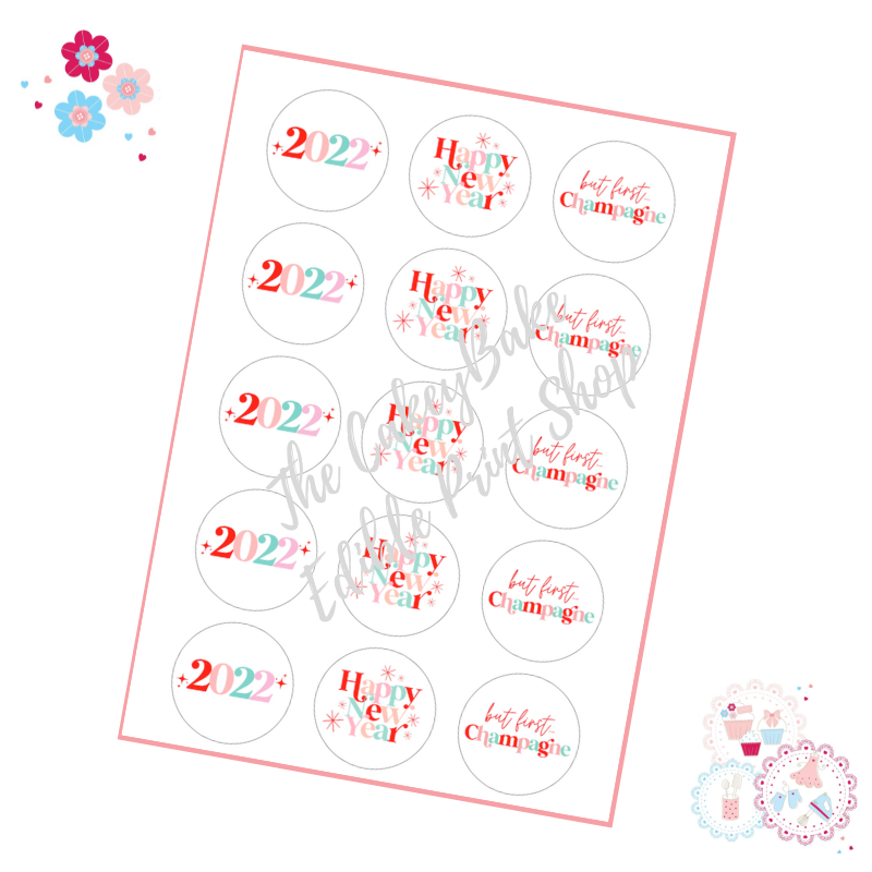 New Year's Cupcake Toppers x 15 - NYE pink pastel Font