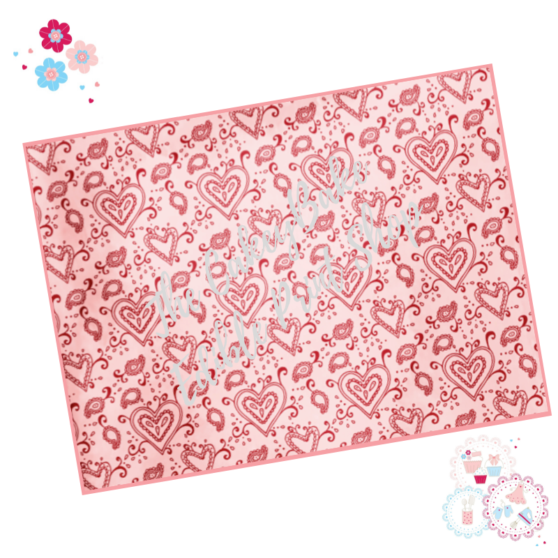 Valentines Cake Wrap - Love heart Doodles Red and Pink