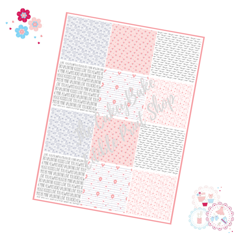 Patchwork Valentine's Patterns A4 Edible Printed Sheet - pale and script pa