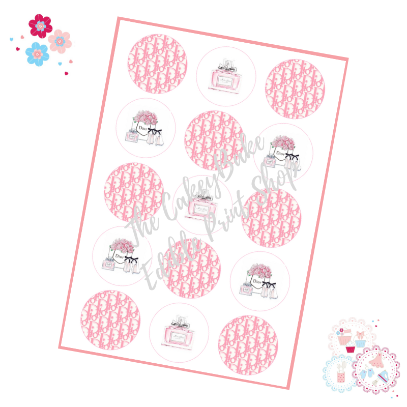 Designer Brands Cupcake Toppers - Pink Dior Style Cupcake Toppers x 15