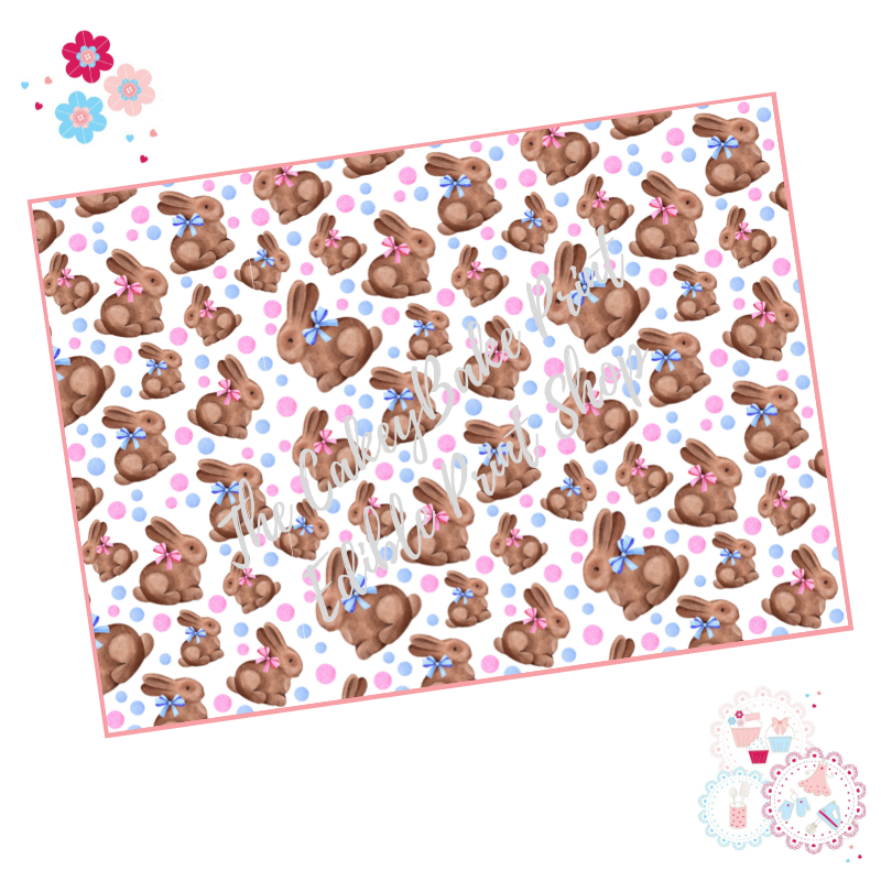 Easter Cake Wrap - Pretty Bunnies and Bows - Blue, Pink and Brown