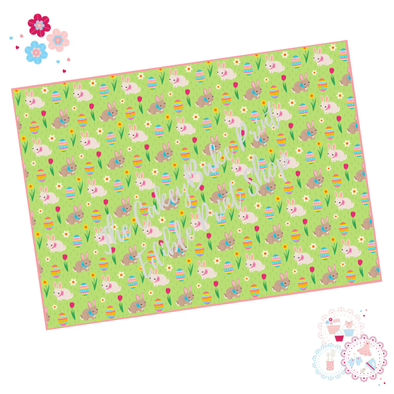 Easter Cake Wrap - Bunnies and Flowers on green background