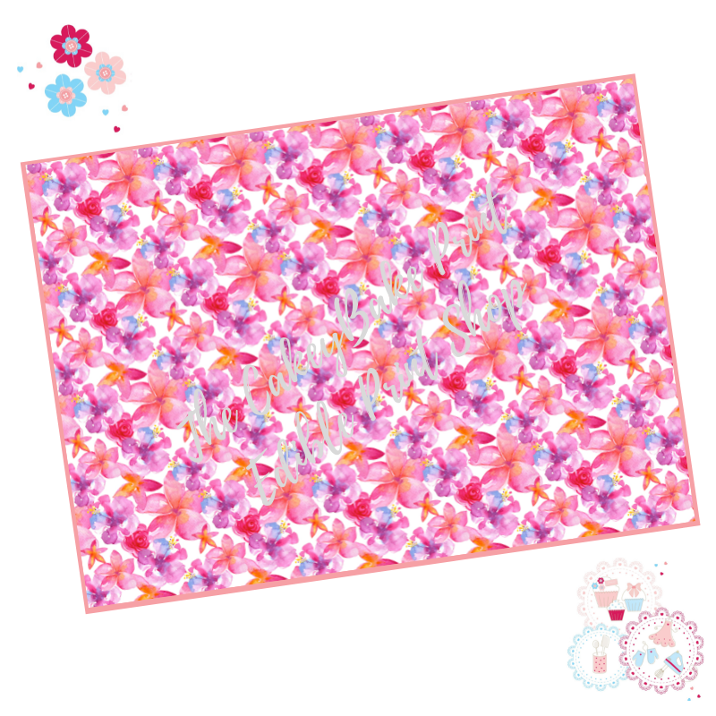 Tropical Watercolour  A4 Edible Printed Sheet - Design 4 - Pink and purple 