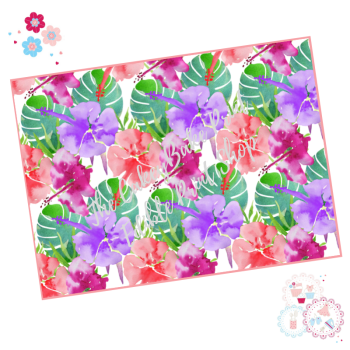Tropical Watercolour  A4 Edible Printed Sheet - Design 5 - Pink and purple flowers with palm leaves