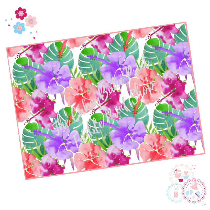 Tropical Watercolour  A4 Edible Printed Sheet - Design 5 - Pink and purple 