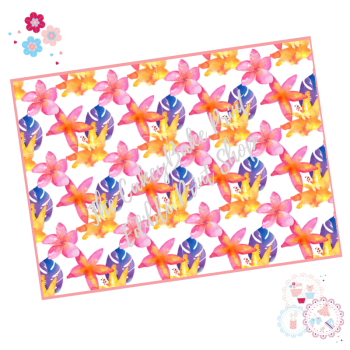 Tropical Watercolour  A4 Edible Printed Sheet - Design 8 - tropical flowers orange pink and blue