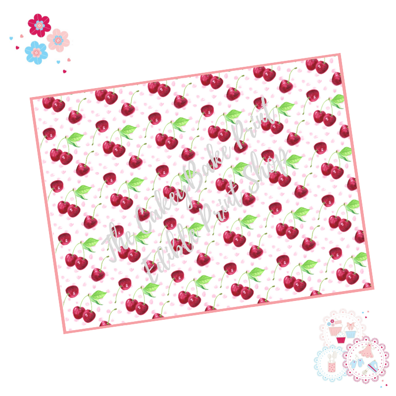 Cherry  A4 Edible Printed Sheet - Design 4 - Cherries with pink polka dots