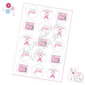 Edible Cupcake Toppers x 15 - Charity Think Pink Breast Cancer Awareness Month Theme