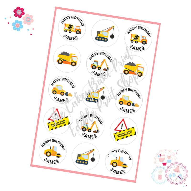 Edible Cupcake Toppers x 15 - Digger / Construction Themed Cupcake Toppers