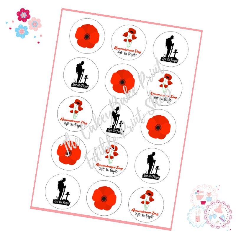 Edible Cupcake Toppers x 15 - Remembrance Day Poppy Cupcake Toppers