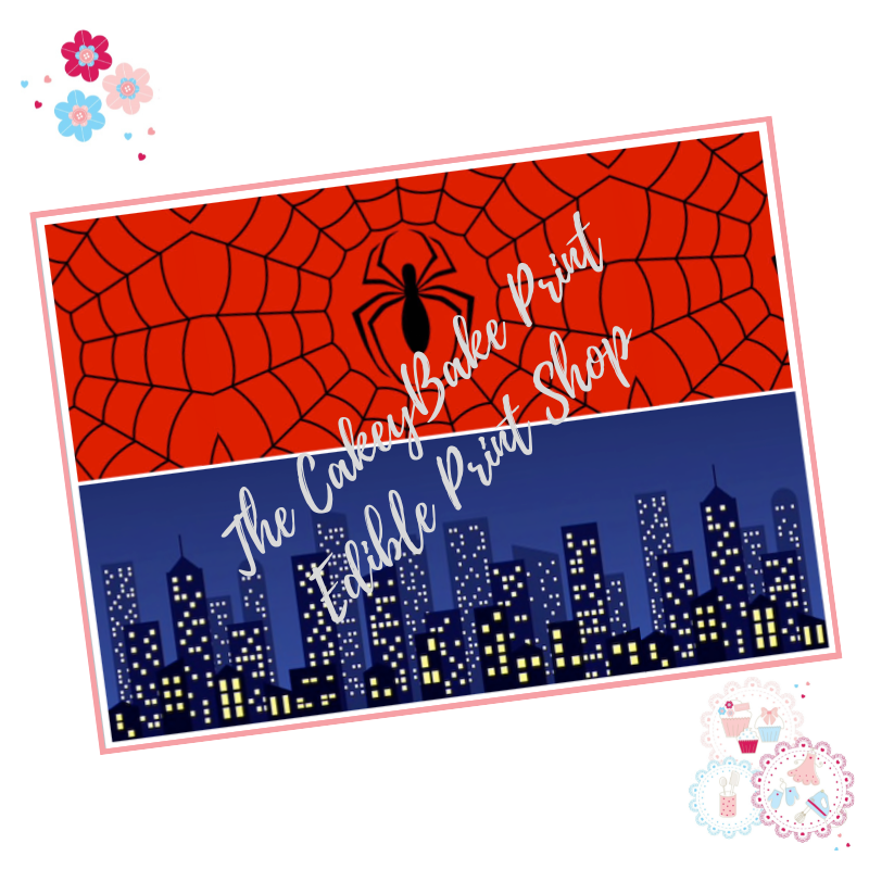 Edible Icing Sheet - Spiderman style cake wrap - web and cityscape