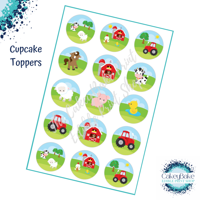 Edible Cupcake Toppers x 15 - Farmyard Tractor Animals Design