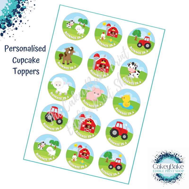 Edible Cupcake Toppers x 15 - Farmyard Tractor Animals Design - custom opti