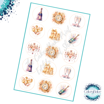 Edible Cupcake Toppers x 15 - New Year's Eve 2024 Rose Gold Champagne clock and balloons 2024