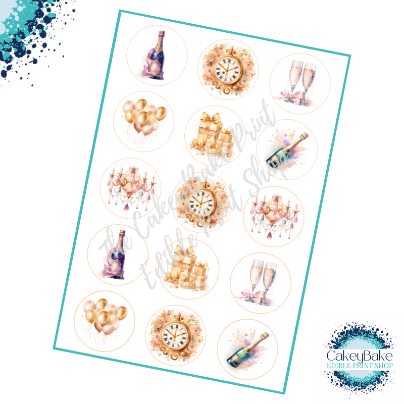 Edible Cupcake Toppers x 15 - New Year's Eve 2024 Rose Gold Champagne clock