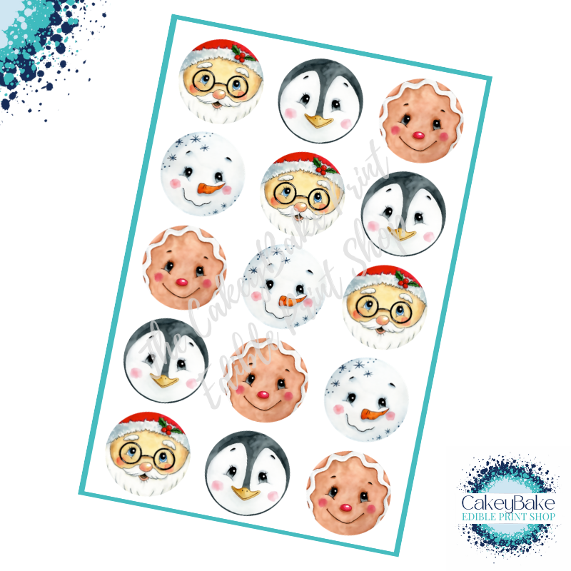 Edible Cupcake Toppers x 15 - Cute Christmas Faces - watercolour style
