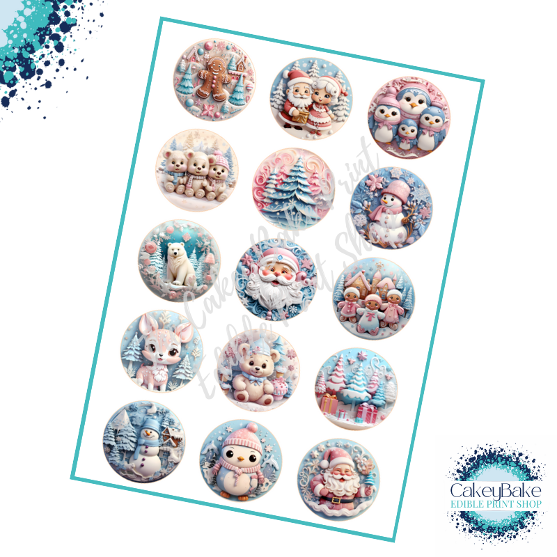 Edible Cupcake Toppers x 15 - Christmas 3D style pastel designs