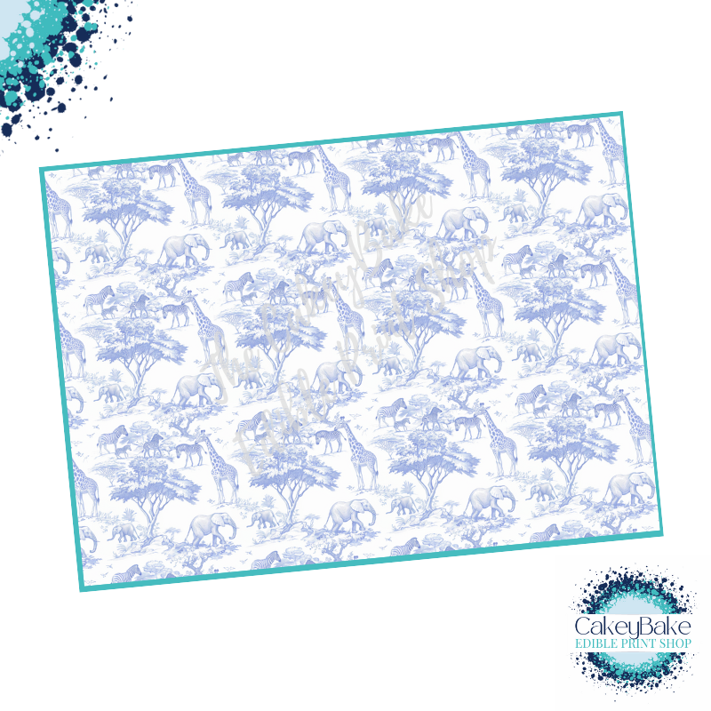 Edible Icing Sheet - Dior inspired blue toile de jouy fabric safari style C