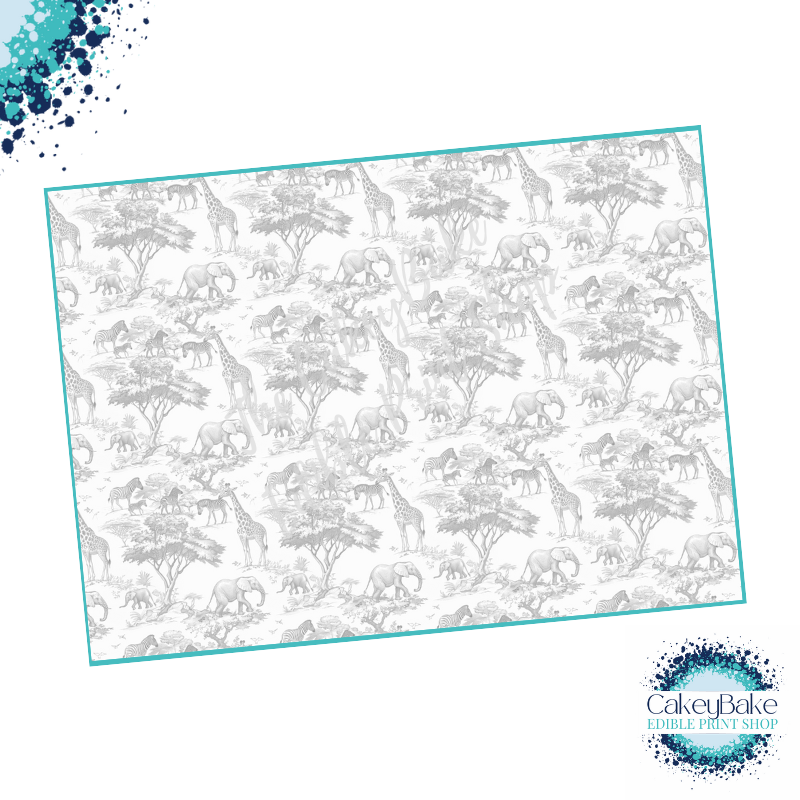 Edible Icing Sheet - Dior inspired pale grey toile de jouy fabric safari st