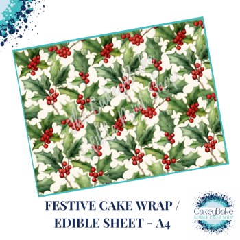 Christmas Festive Edible Cake Wrap - Holly and Berries design