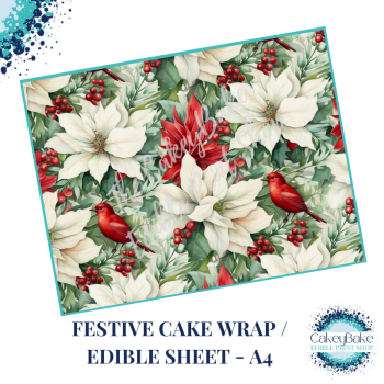 Christmas Festive Edible Cake Wrap - Poinsettia Berries and Robin Floral Christmas design