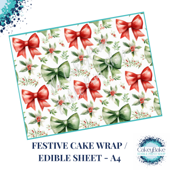 Christmas Festive Edible Cake Wrap - Red and Green Bow design