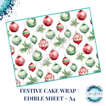 Christmas Festive Edible Cake Wrap - Red and Green Baubles design